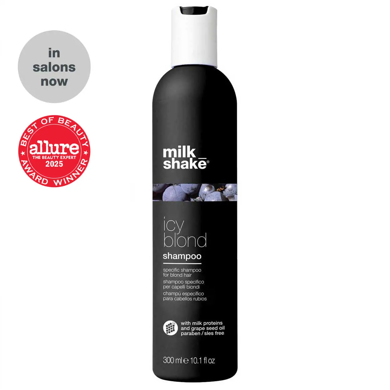 MILK_SHAKE Icy Blond Platinum Haircare Shampoo - Gentle Sulfate Free Toning Neutralizing Hair Dye Liquid Cleanser with Black Pigment, Reduces Brassiness, Delivers Icy Finish & Salon Results for Platinum/Very Light Blonde Hair (Any Texture), Hair Dye Shamp