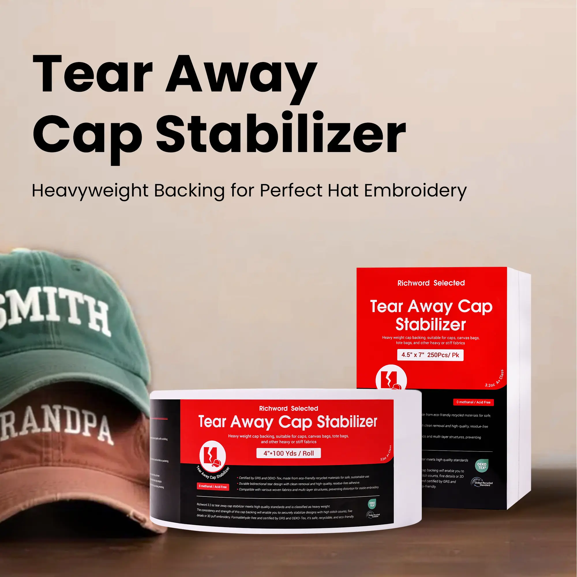 BAI Easy-Remove Tear Away Embroidery Stabilizer Backing - 3.2 oz Medium-Weight Thickness for Caps, Hats, Hard-To-Hoop Items, Commercial Embroidery Machines