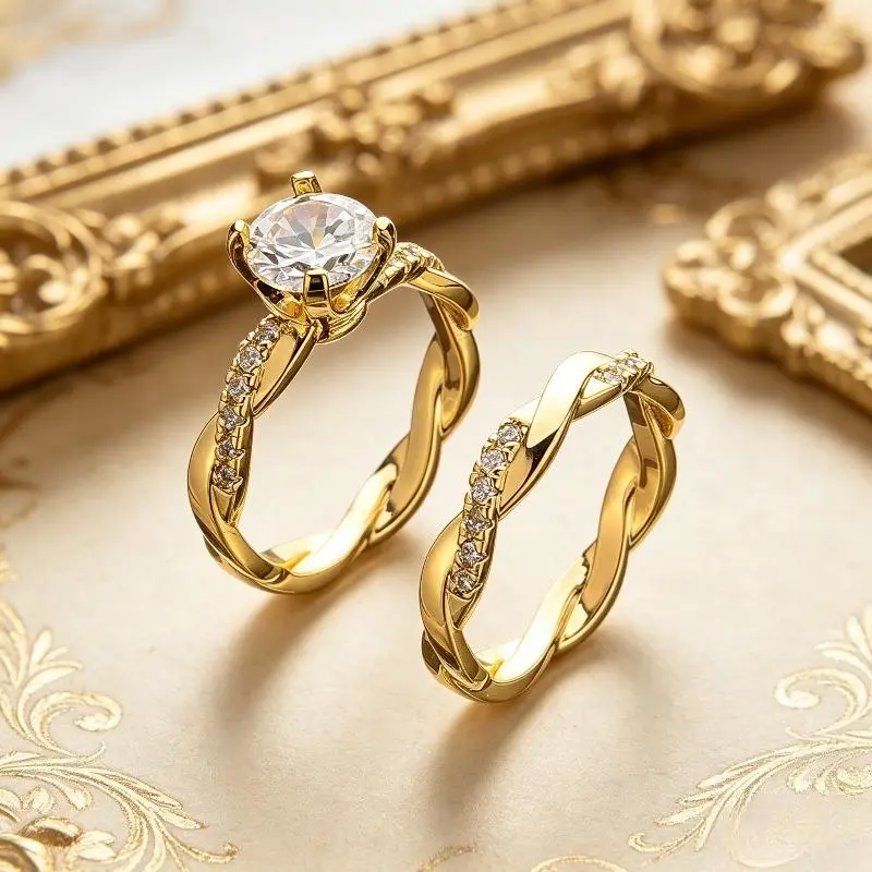 Twisted Band Couple Ring Set, 4-Prong Solitaire Matching Promise Rings for Men and Women, Fashion Engagement Jewelry, Fashion Engagement Rings, Promise Ring