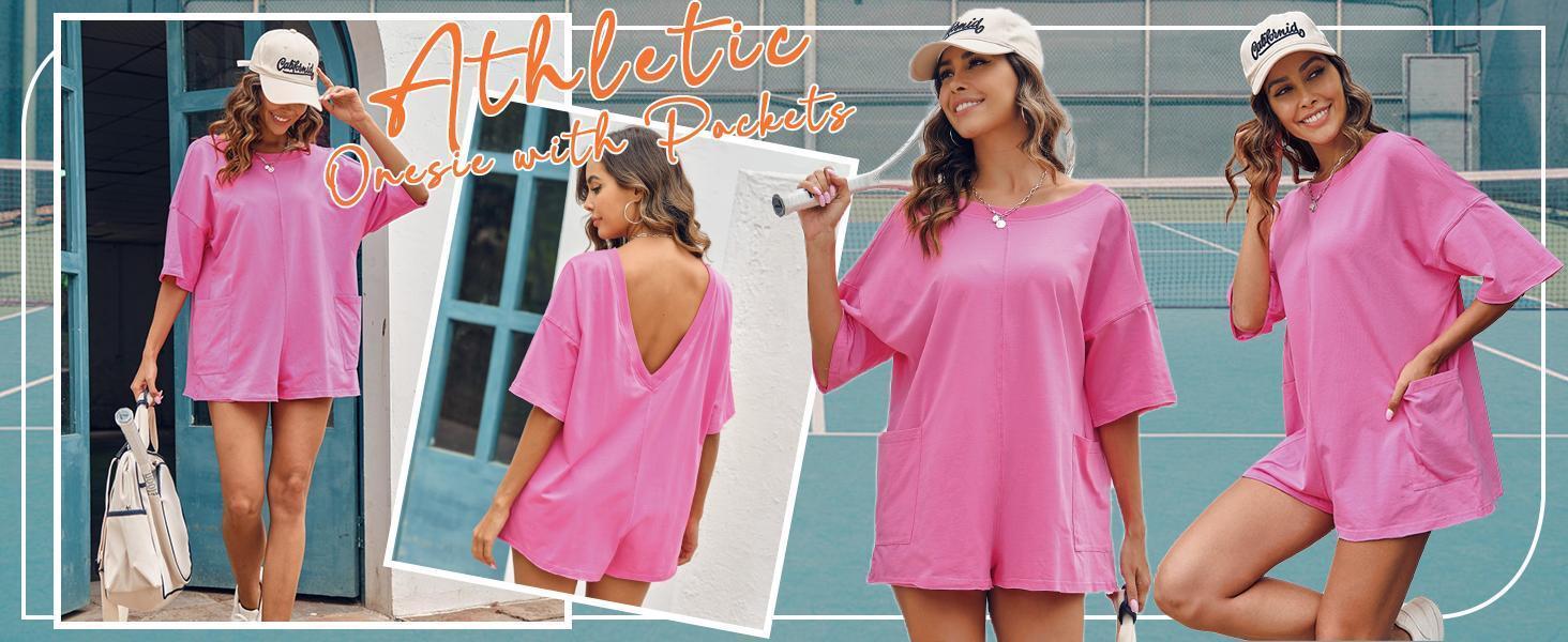 Imily Bela Comfort Baggy Tee Rompers for Women Summer Lady Athletic Oversize Romper Short Sleeve Jumpsuit Basic can be Worn on Both Sides Onesie with Pockets Casual Womenswear Overalls
