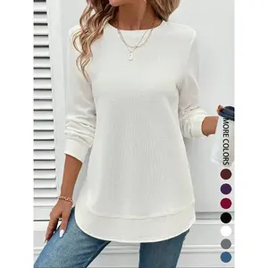 Women's Plain Round Neck Asymmetrical Texture Sweatshirt, Casual Fitted Knit Pullover Top for Fall & Winter Seasons, Knitwear