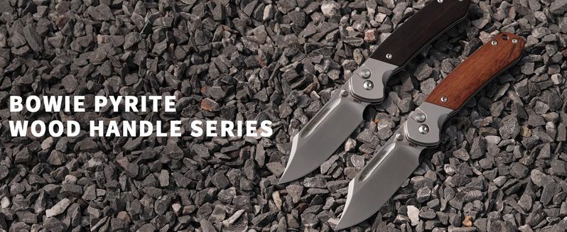 CJRB Bowie Pyrite Pocket Knife, EDC Knife, Folding Knife with 3.15'' AR-RPM9 Steel Blade, Hunting Knife with Wood Handle for Camping and FathersDayGift