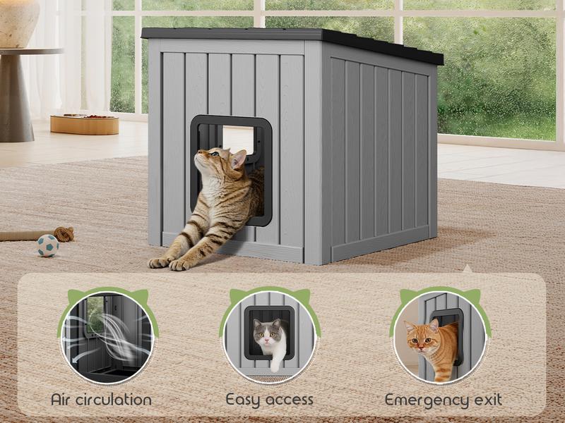 Durable All-Weather Cat House, Fade & Crack Resistant Resin Shelter with Roof, for Patio, Backyard & Garden