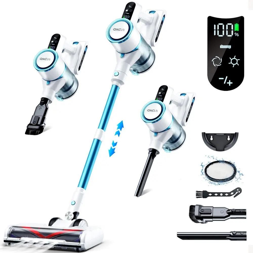 Qikcln QC-VC01 Cordless Handheld Vacuum - 7.5lb Home Cleaning Tool, Dust Suction Machine with 20Kpa Suction, HEPA Filter, LED Dirt Reveal Floor Brush, Tangle-Free V-Brush, Display, for Carpet & Hard Floor, Dry Clean Only