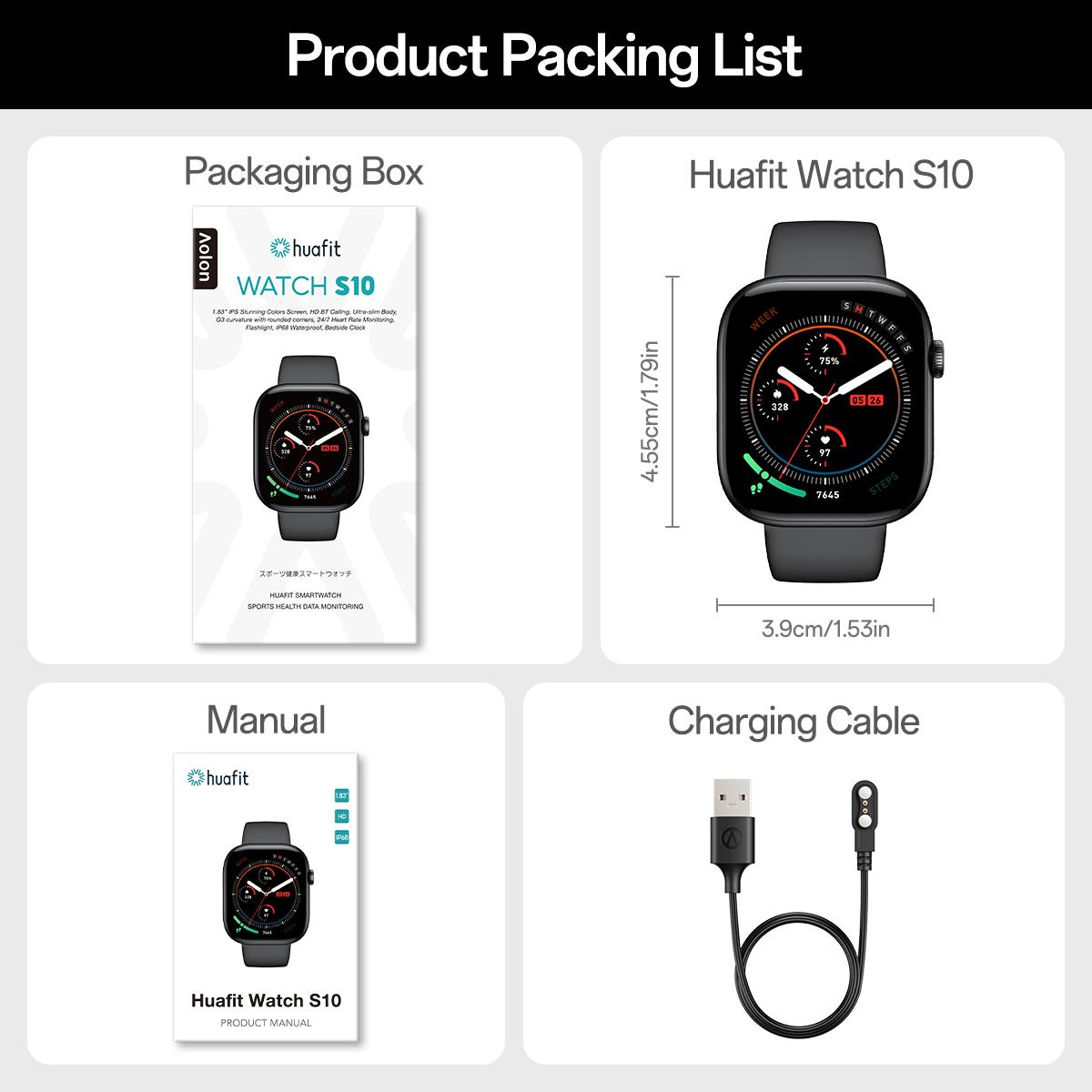 Aolon Huafit S10 smartwatch — a Valentine’s Day gift with a 1.83" borderless IPS display, Bluetooth calling, 23+ sports modes, message reminders, IP68 waterproof, compatible with Android & iPhone, for Women & Men