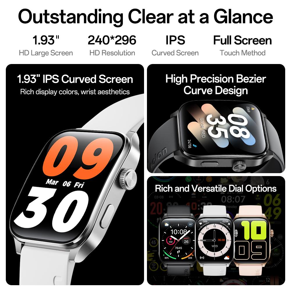 Aolon Curve3 lightweight Smartwatch with Answer/Make Calls/Message Reminder, 1.93'' IPS Screen, IP68 Waterproof, Custom Buttons, Digital Crown, 110+ sports modes for Outdoor Fitness, Workout, Men Women's Gifts, iPhone&Android Compatible
