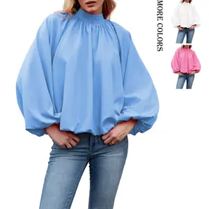 Aswulk Womens Open Back Bow Tie Blouse Mock Neck Puff Long Sleeve Pleated Tops Bubble Hem Cute Loose Fit Shirts