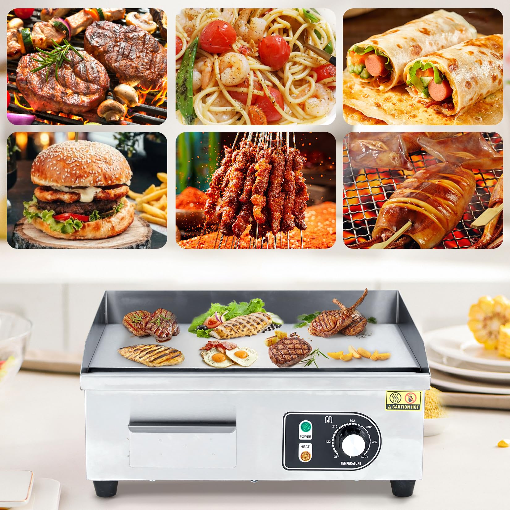 【GARVEE】Commercial Electric Grills in 14, 18, 22, and 30-inch Sizes with 1500W to 3000W Power, Non-Stick Stainless Steel Surface, and Adjustable Temperature Control from 122°F to 572°F for Home and Restaurant Use