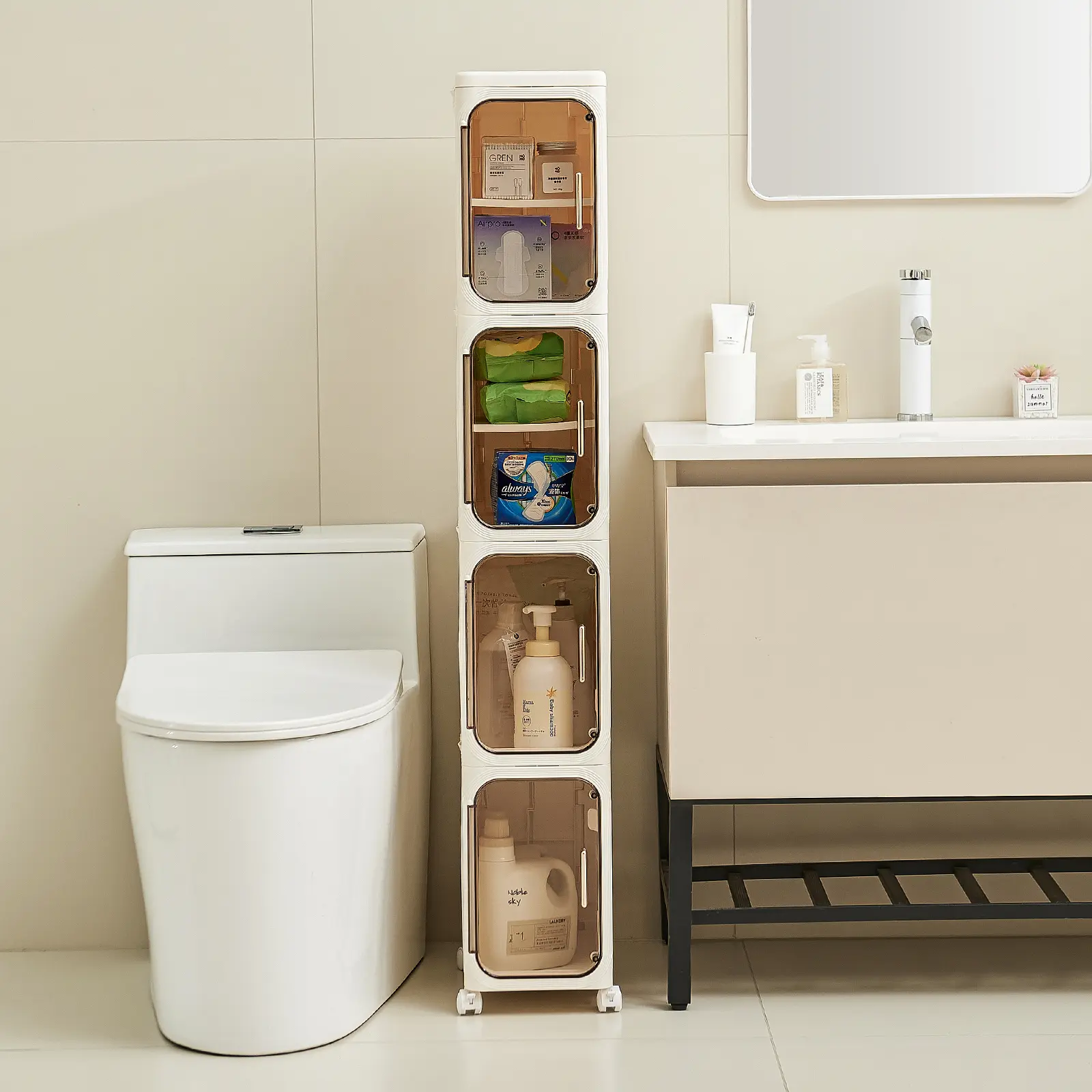 UFORU 4-Tier Tall Narrow Storage Cabinet, Plastic Slim Storage Organizer with Doors and Adjustable Shelves, Wheels, Stackable & Collapsible Storage Cabinet for Small Spaces, Bathroom, Kitchen