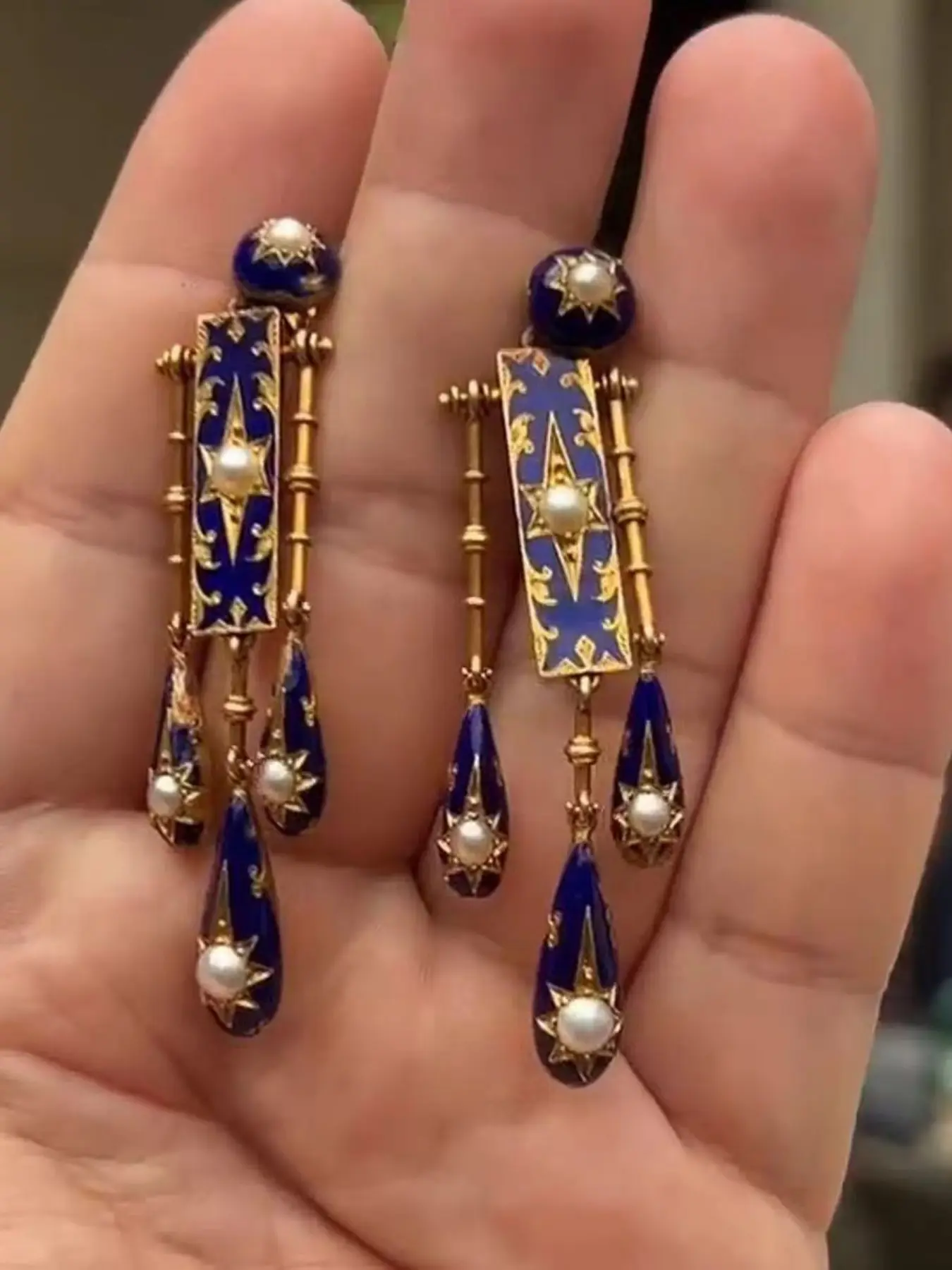 Vintage Blue Enamel Starburst Artificial Pearl Teardrop Fringe Long Earrings, Earrings Dangle, Fashion Dangling Earrings for Women, Elegant Courtly Medieval Style Party Jewelry Gift