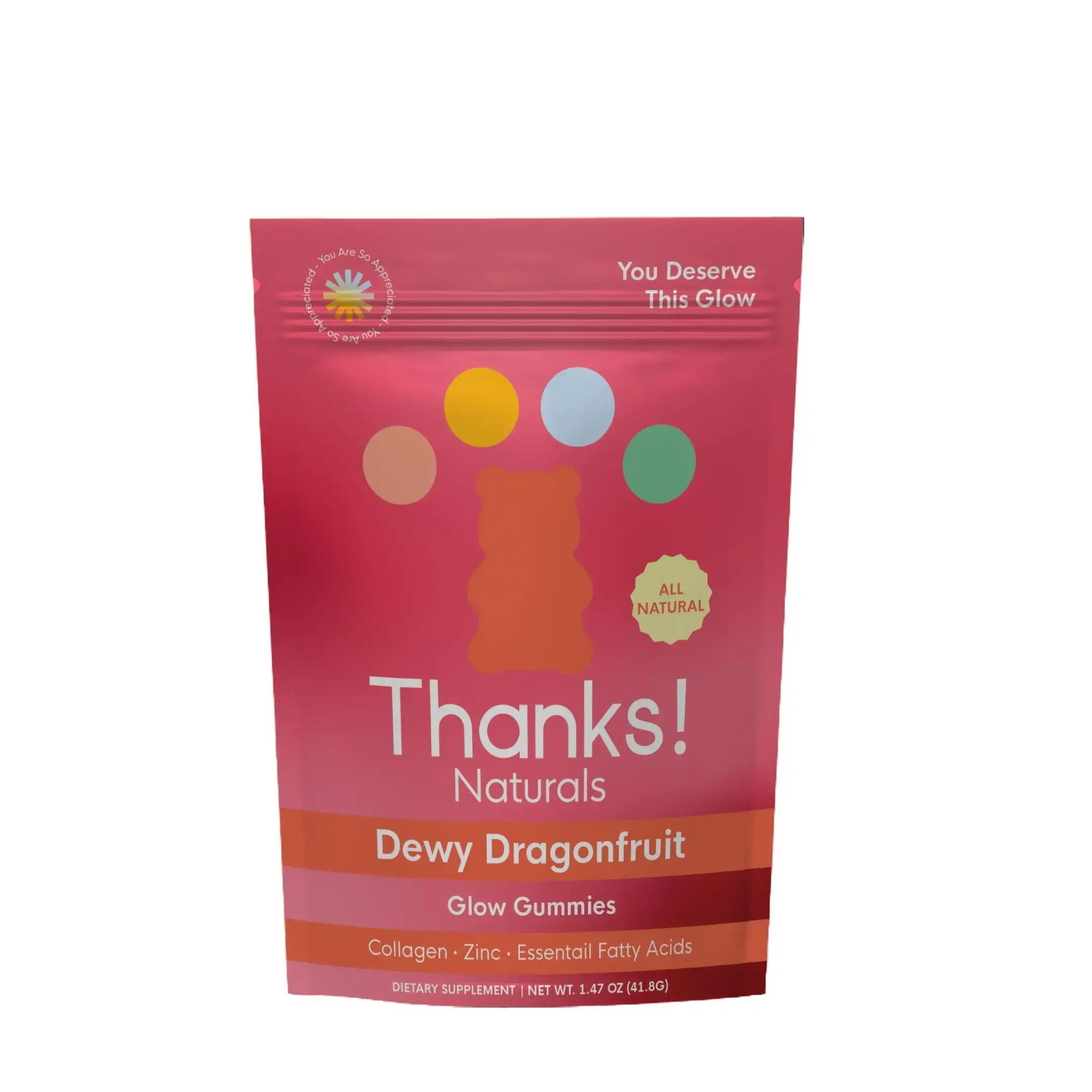 Thanks Naturals Plant-Based Vegan Dietary Fruit Gummy Supplements, Dewy Dragonfruit Flavor, with Vitamin C, Biotin Vitamins, Hyaluronic Acid & Marine Collagen for Skin, Hair & Nails Wellness, Biotin Vitamins Supplements