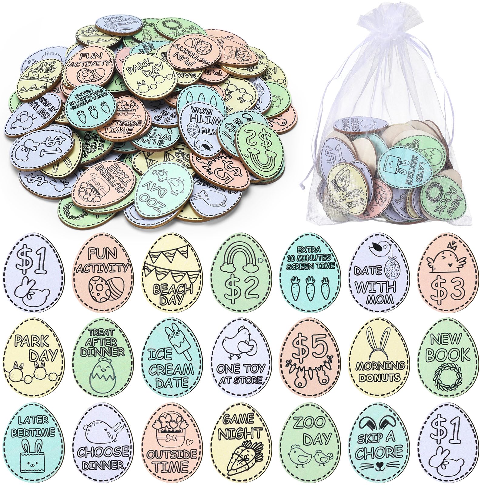 Easter Egg Tokens 30/120 Pcs Reusable Wooden Reward Tokens with 20 Engraved Sayings + 4 Gift Bags - Kids Teens Classroom Prizes Non-Candy Easter Basket Stuffers Spring Party Supplies Set