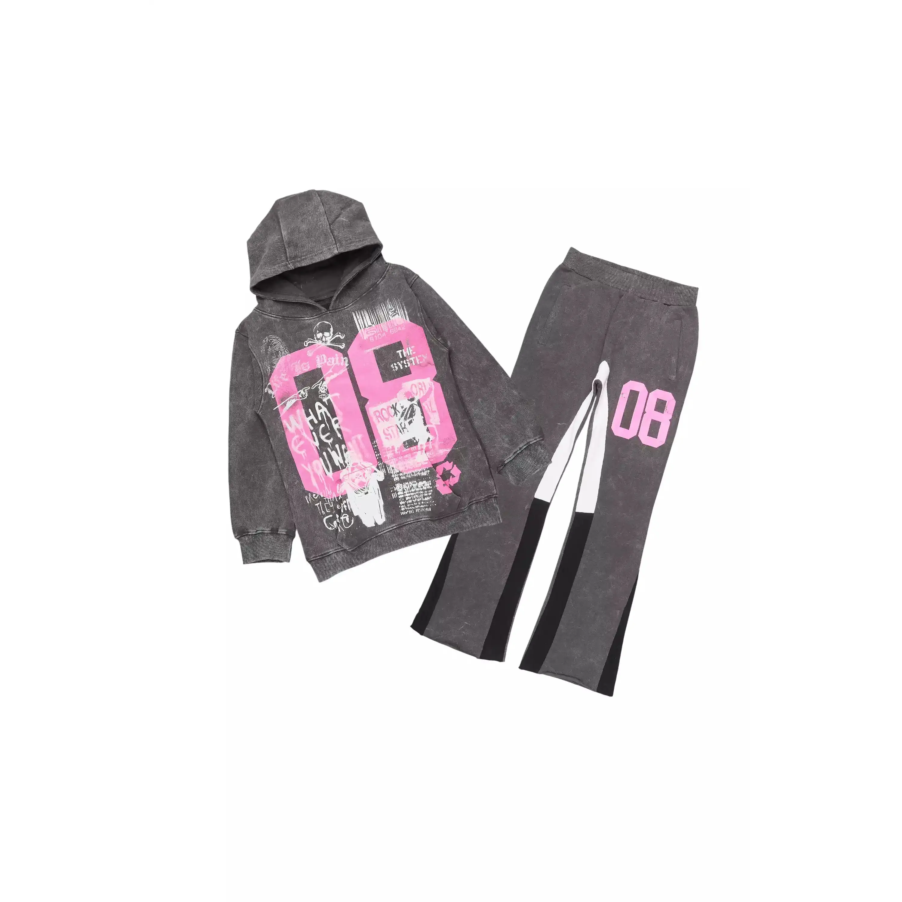 Girls Kammy Vintage Grey/Pink Hoodie Stacked Track Set