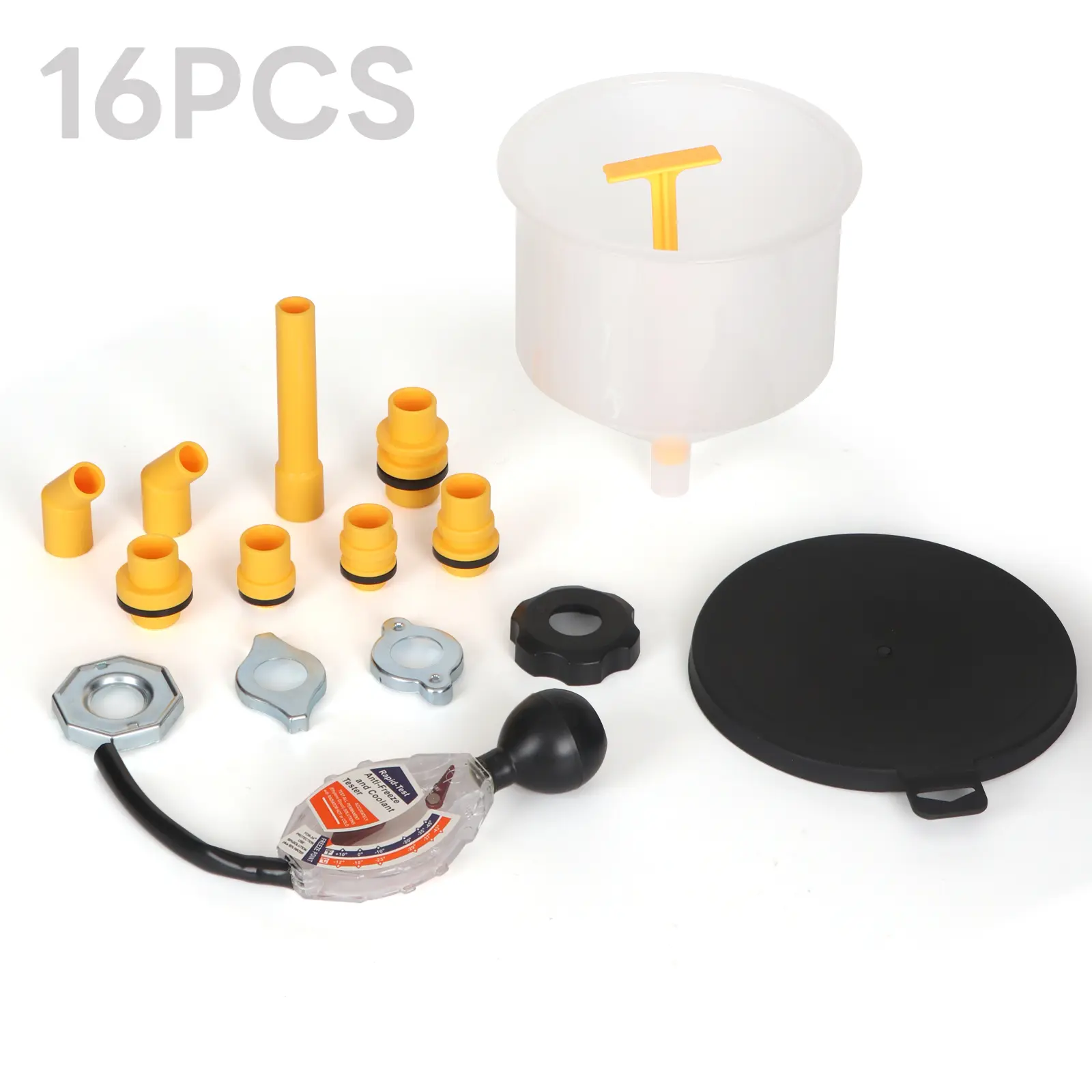 16-Piece Spill-Free Coolant Funnel Kit with Antifreeze Tester—No-Mess Radiator Bleeding & Refill Set—Universal Adapters for Ford, GM, Honda, and Toyota—Car Winterization Tool for Removing Air Pockets