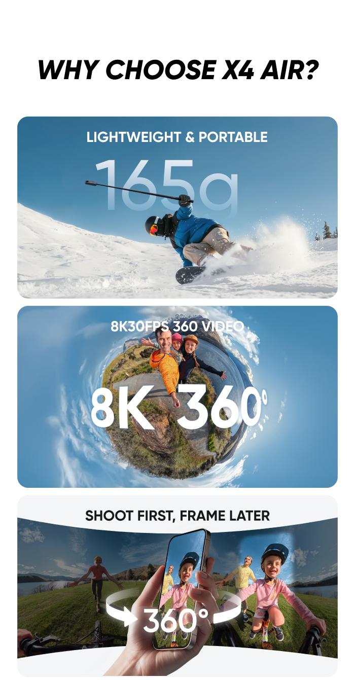 Insta360 X4 Air - Lightweight 165g 8K 360 Camera, Invisible Selfie Stick Effect, Replaceable Lenses, Shoot First & Frame Later, Built-in Wind Guard, FlowState Stabilization, AI-Powered App