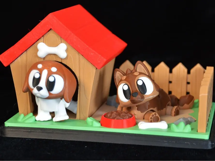 3D Print Doghouse Statue with 2 Flexi Dogs, Home Decor for Home Supplies