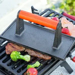 Heavy-Duty Cast Iron Burger Press  7” Round & 8.2”×4.3” Rectangle Smash Bacon & Steak Press with Wood Handle for Griddle & Pan