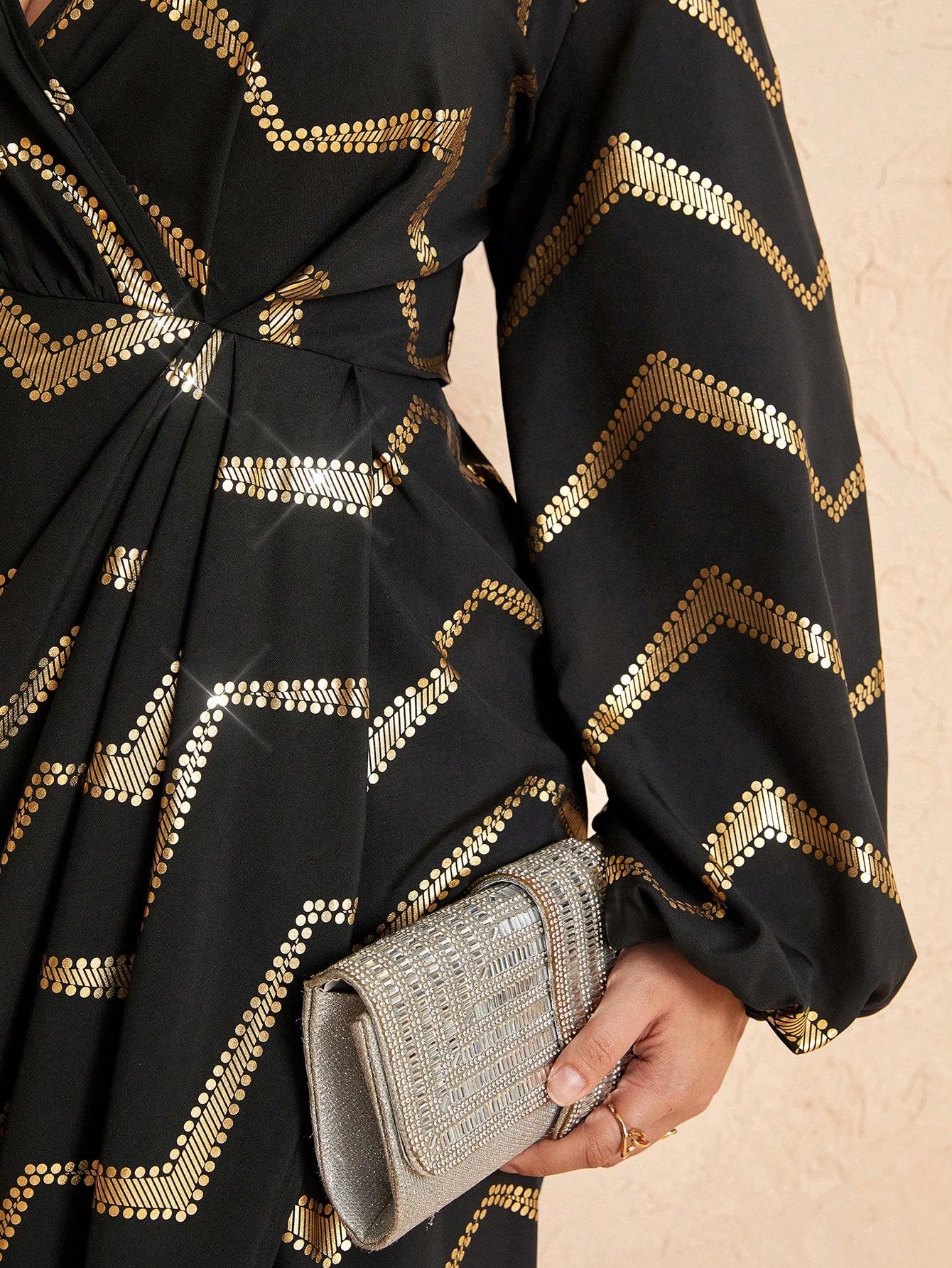 Plus Size Elegant Wrap Dress Black & Gold Chevron V-Neck Long Sleeve Boho  Chic Outfit