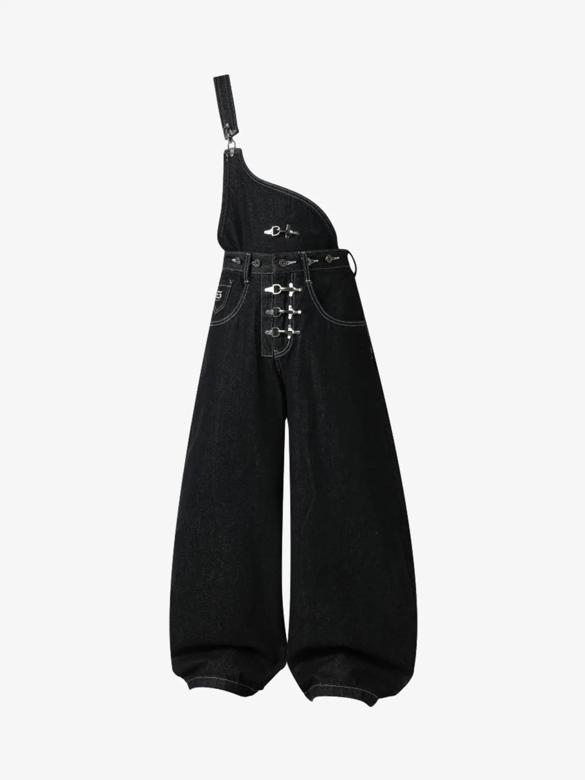 Thesupermade Detachable One-Shoulder Denim Overalls | 2-in-1 Baggy Black Denim Workwear Streetwear Men Women