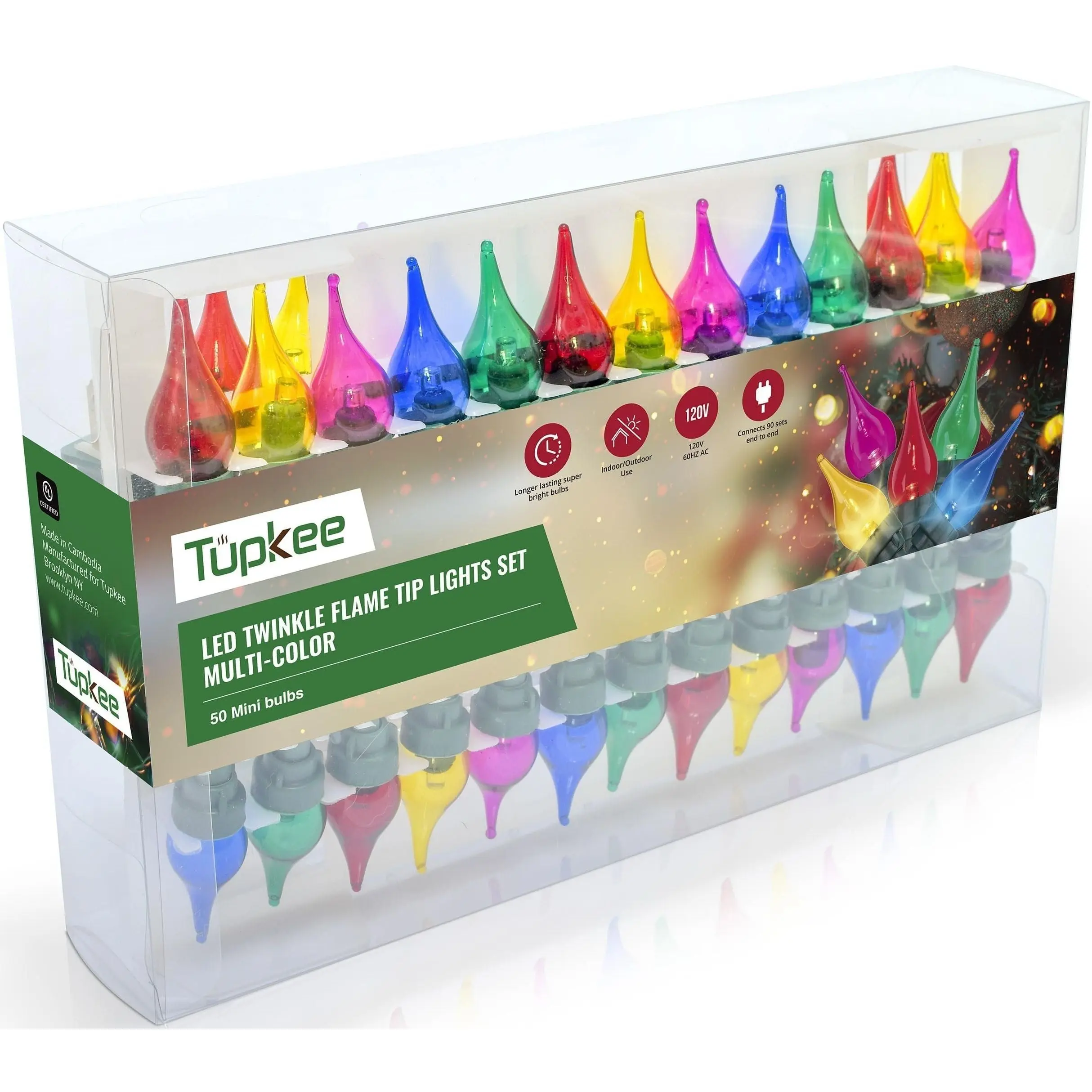 Christmas Random Twinkle Flame Tip Light Set - 10 of 50 Lights Twinkle – 50 LED Mini Bulbs With Flame Tip Covers - Indoor Outdoor - 15.5' String - Holiday Decor Christmas Tree Lights