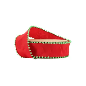 1 1/2" Wired Ribbon | Red w/ Lime Green Pom Pom Edge | 10 Yard Roll