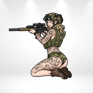 Sexy Tactical Girl Vinyl Sticker, Tattooed Military Pin Up Decal, Kneeling Gun Girl Waterproof Laptop Car Sticker