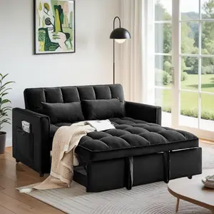 3 In 1 Convertible Sofa Bed, Velvet Pull Out Couch Bed with Reclining Backrest And 2 Pillows, Loveseat Sleeper Sofa Futon Couch Bed, Couches For Small Spaces, Living Room (Black)