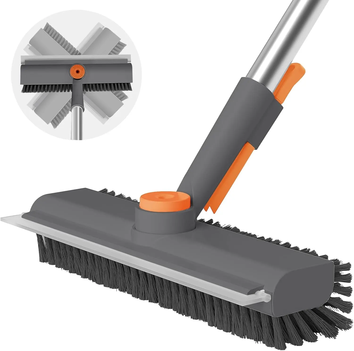 Floor Scrub Brush with Long Handle, 3-in-1 Rotating Head & Squeegee Stiff Dual-Sided Bristles for Shower, Bathroom, Kitchen and Patio, 30–50 In Handle for Easier Stand-up Cleaning, Gray