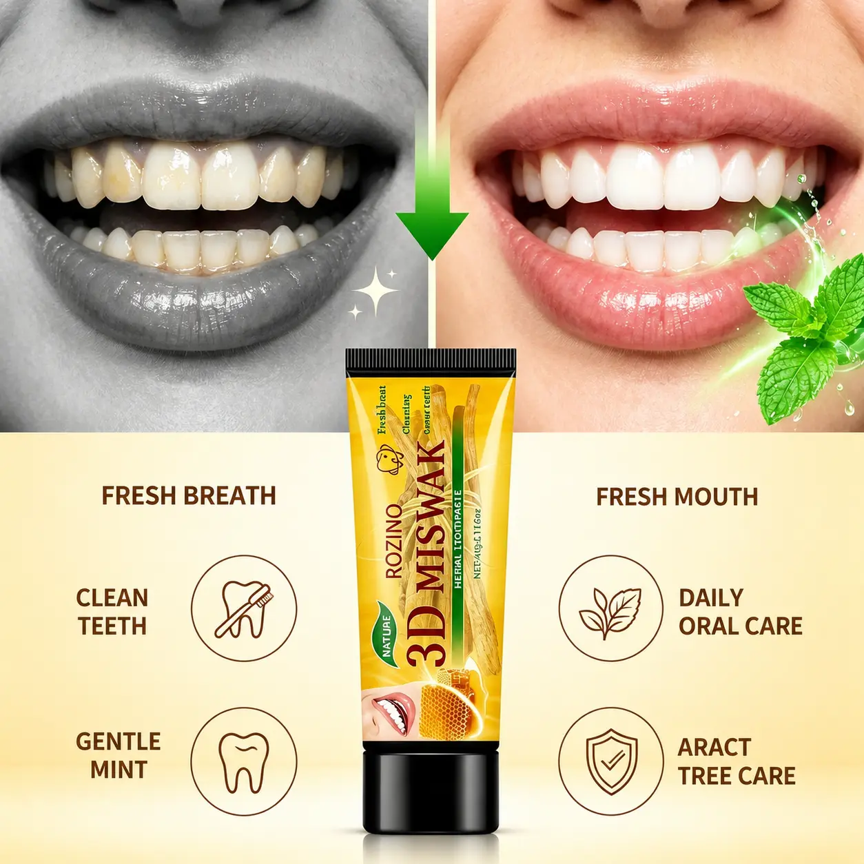 3D Miswak Herbal Push Toothpaste Infused with Honey Extract, Natural Oral Cleanser, Deep Plaque Removal, Gum Care, Long-Lasting Fresh Breath & Gentle Teeth Brightening