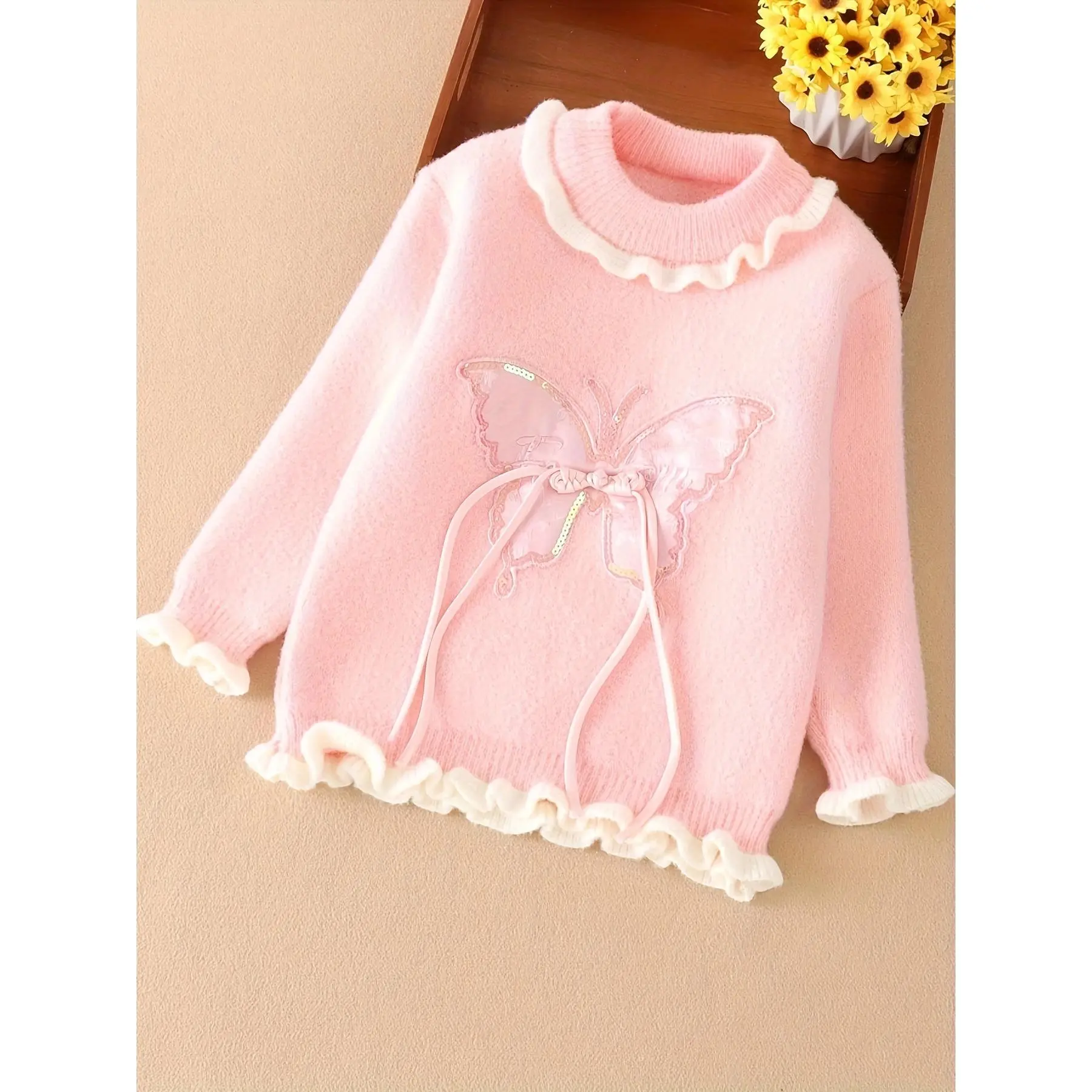 Toddlers & Kids Girls’ Fall/Winter Soft Pink Knit Sweater |           Butterfly + Ruffled Edge |           Machine Washable Long Sleeve Letters