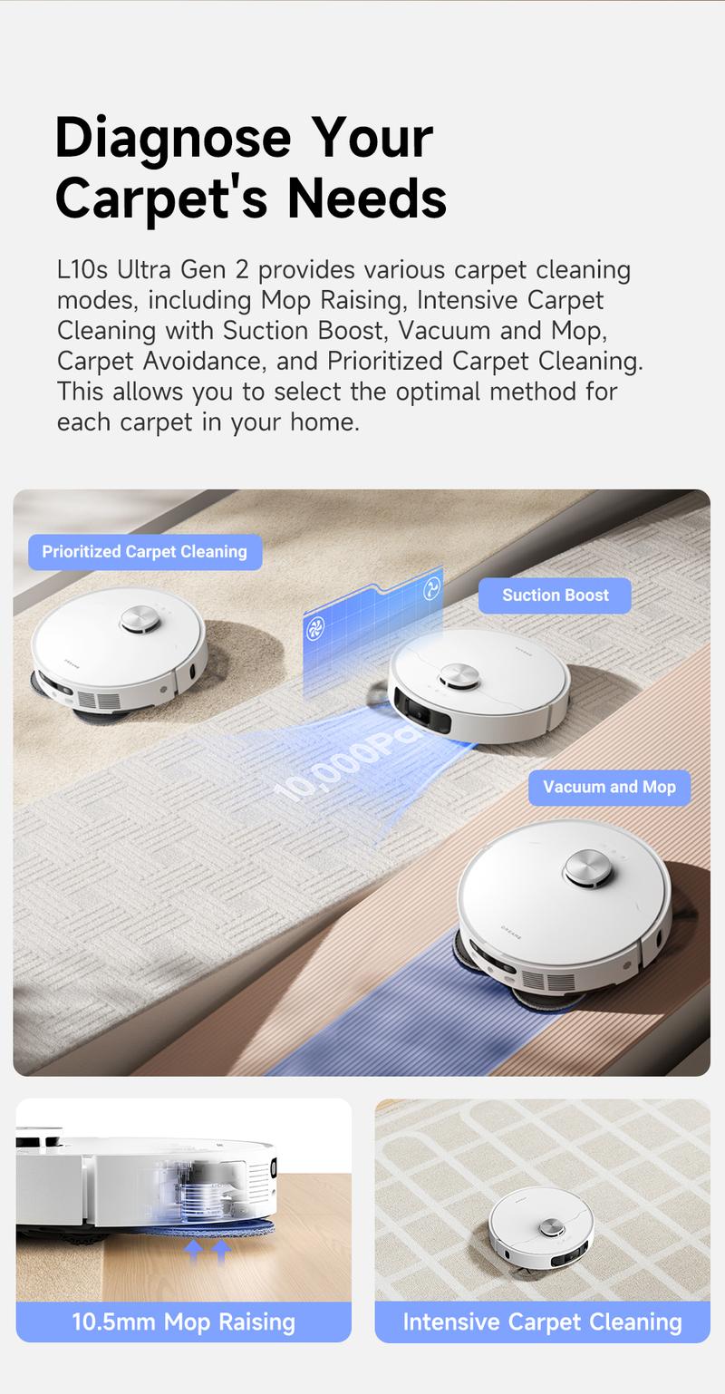 DREAME L10s Ultra Gen2 Robot Vacuum and Mop Combo 10000Pa Suction AI Navigation Auto Mop Cleaning Self Refilling Base for 60 Days Cleaning