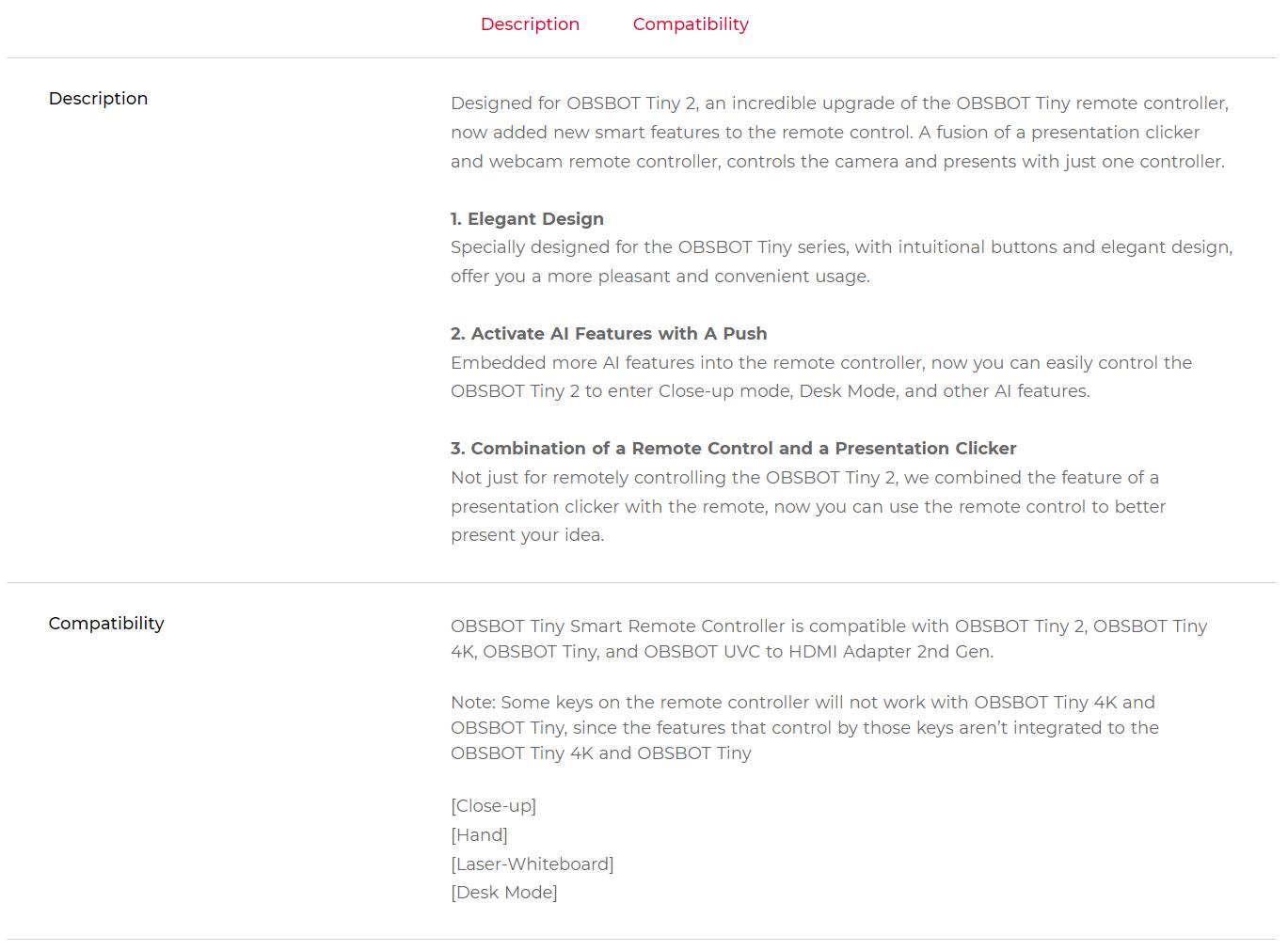 OBSBOT Tiny 2 Remote Control, Smart Remote for Tiny 2/Tiny 4K/1080P Webcam, Wireless Connection via USB Receiver, Combination of Remote Control and Presentation Clicker Accessories