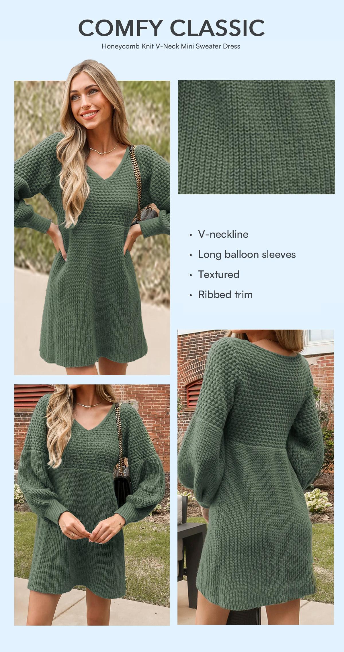 CUPSHE TikTokShopSpringGlowUp Honeycomb Textured Knit Mini Dress | Elegant V-Neck Long Sleeve Sweater Dress | Soft Girl Aesthetic Early Autumn Pullover Dress for Date Night