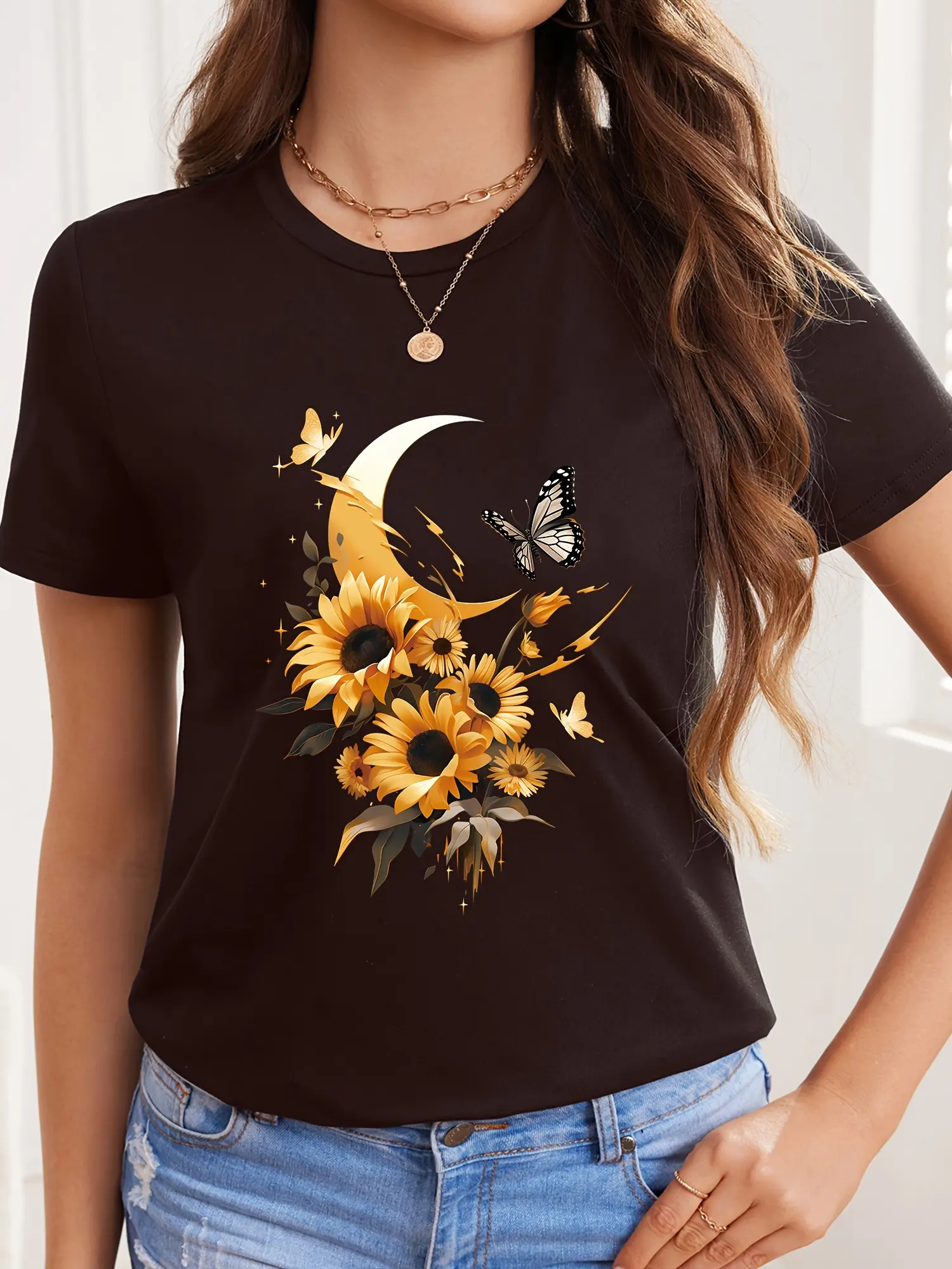 Women's Casual T-Shirt, Sunflower & Moon Graphic Print, Breathable 100% Cotton Round Neck Short Sleeve Style for Everyday Wear, Shortsleeve, Lady, Top, Soft