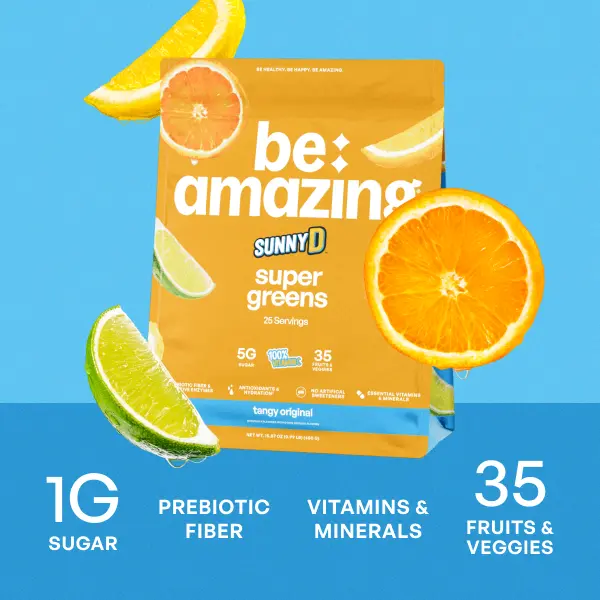 Vegan Greens Powder for Gut Health, Digestive Enzymes & Prebiotic Fiber, 25 Servings | Dole Whip Pineapple, Sunny D Tangy & Pink Lemonade | Be Amazing