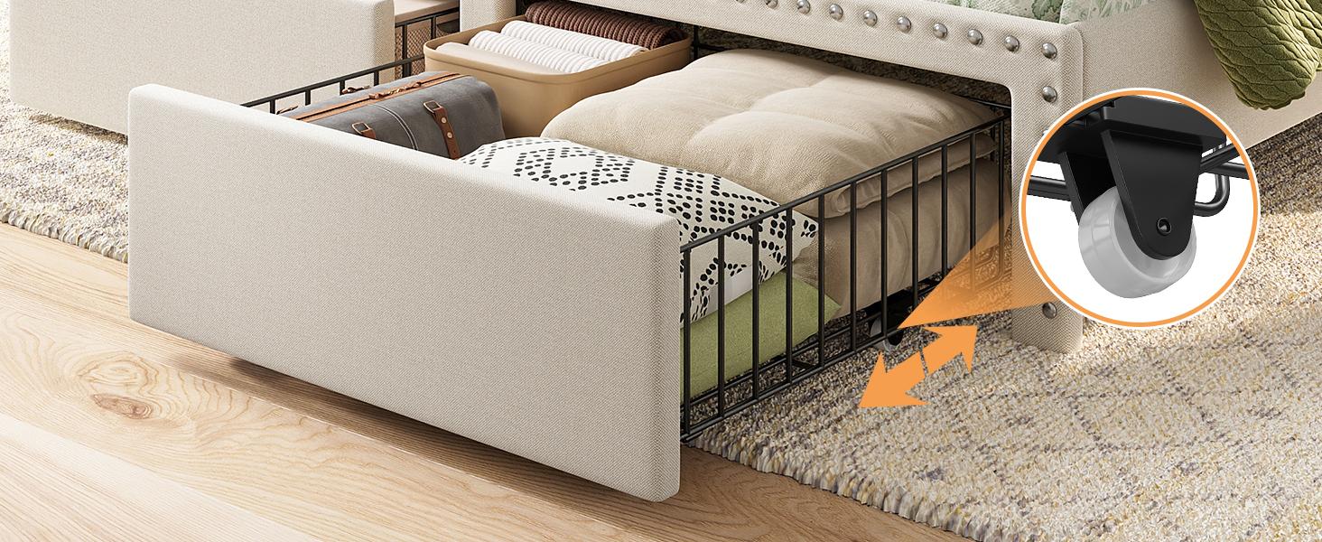 NO MATTRESS,  Queen Size Bed Frame with Storage Drawers, King Size bed with Headboard, Soft Upholstered Queen or Full Size Divan Beds with 2 Drawers and Built-in Shelves