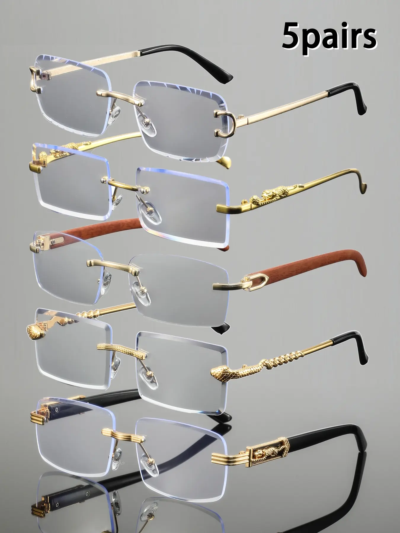 Men's Sleek Square Frame Eyewear with Leopard and Snake Pattern Decor, High-Quality Fashion Flat Lenses, Classic Metal & Wood Grain Design Temples