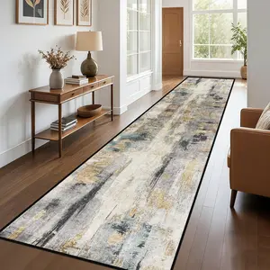 2'x10' Modern Abstract Runner Rug - Soft High-Density Suede Hallway Runner, Non-Slip Distressed Gold & Grey Kitchen Floor Mat, Durable Entryway Carpet Runner for Bedroom, Laundry Room