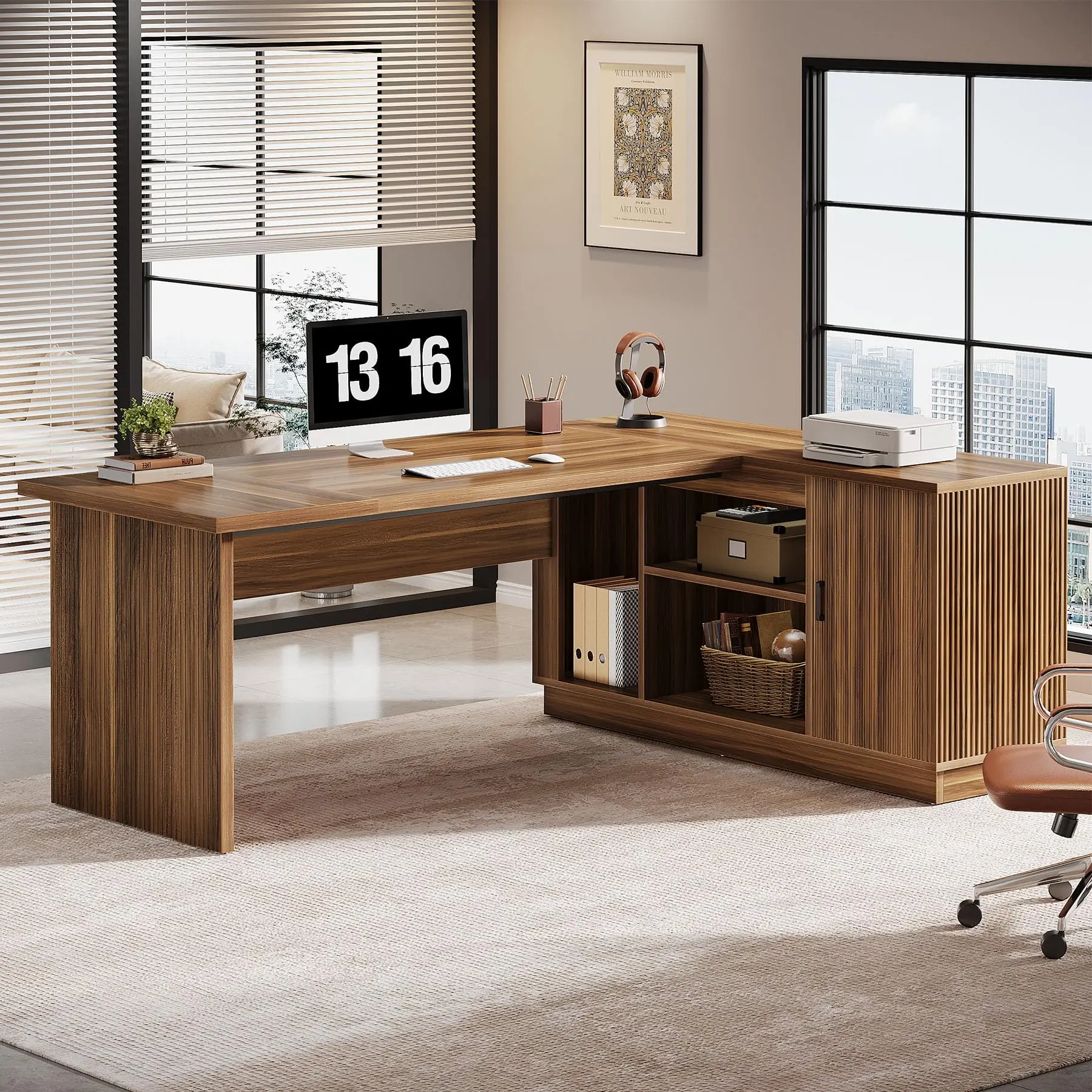 Tribesigns Executive Desk and File Cabinet, 71-Inch L-Shaped Office Furniture with Storage Shelves for Home Office, Light Walnut