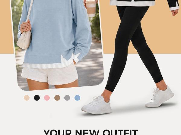 Fisoew Women's Fake Two Piece Layered Sweatshirt Air Layer Fabric Hoodie Crew Neck White Ribbed Cuff & Hem Patchwork Drop Shoulder Oversized Long Sleeve Pullover Top Hoodie Fit Casual,back to school,back to school shopping