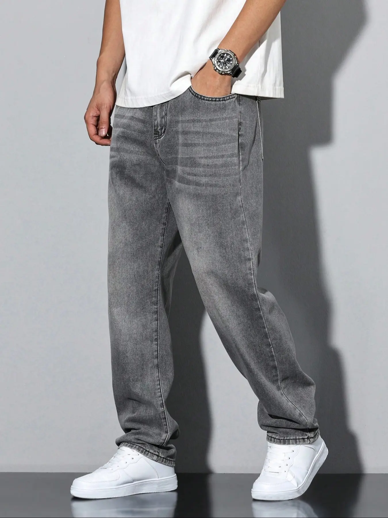 Men's Solid Color Plain Straight-Leg Day Wear Jeans, High Waisted Denim High Rise, Regular Fit Casual Streetwear Comfortable Denim Trousers for Daily Wear, Denim Bottoms for All Seasons, Pants, Menswear