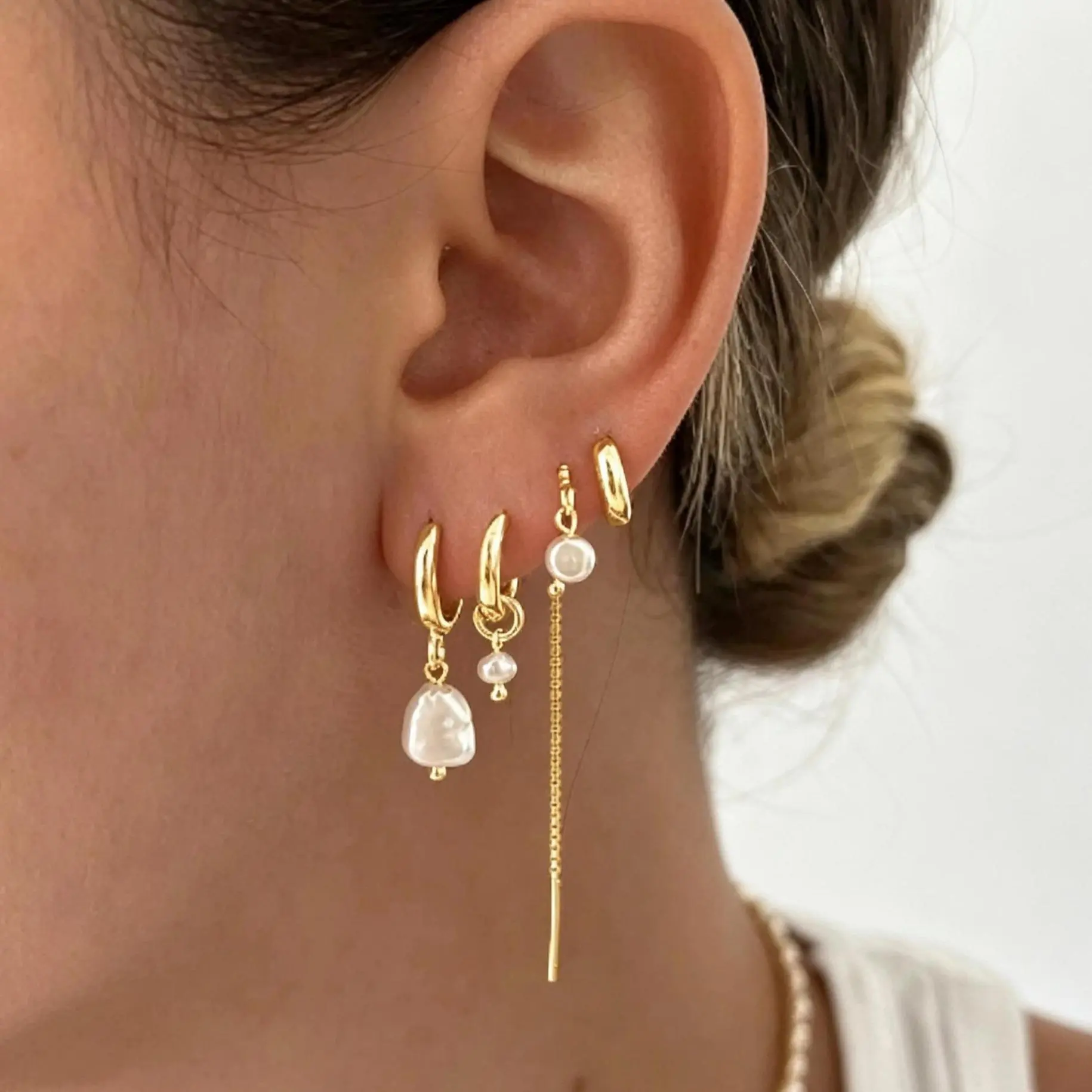 TEWIKY 14K Gold Jewelry 4-Pair Earrings Set - Smooth Hoops with Flat Pearl Pendants, Women's Summer Fashion Casual Earrings for Versatile Outfits, Gold Earrings