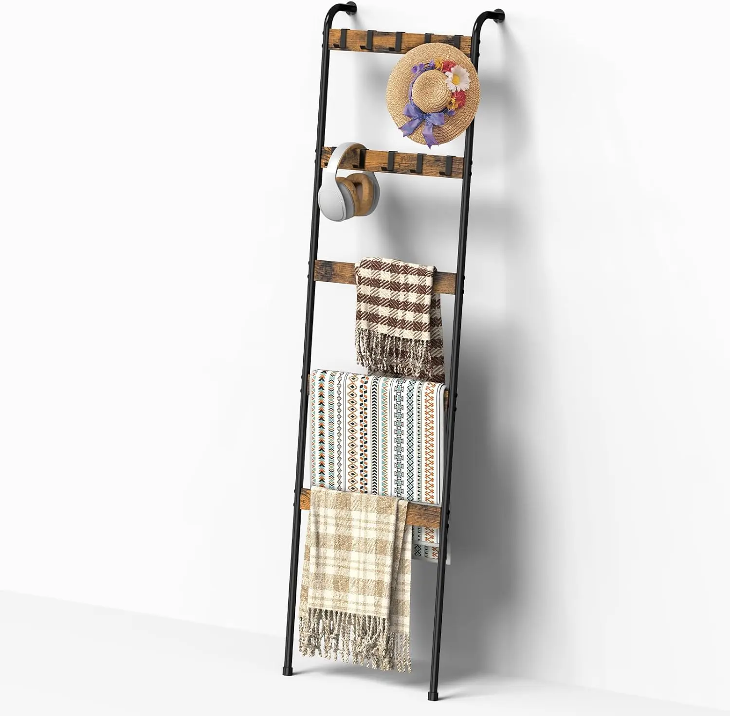 Rustic 5-Tier Freestanding Metal Sturdy Wooden Blanket Ladder with 10 Removable Hooks & Anti-Slip Pads - Cottage Style Shelf for Bedroom Indoor Storage, House Decor#tiktokshopsummersale, Home Accessories, Ladder Shelf