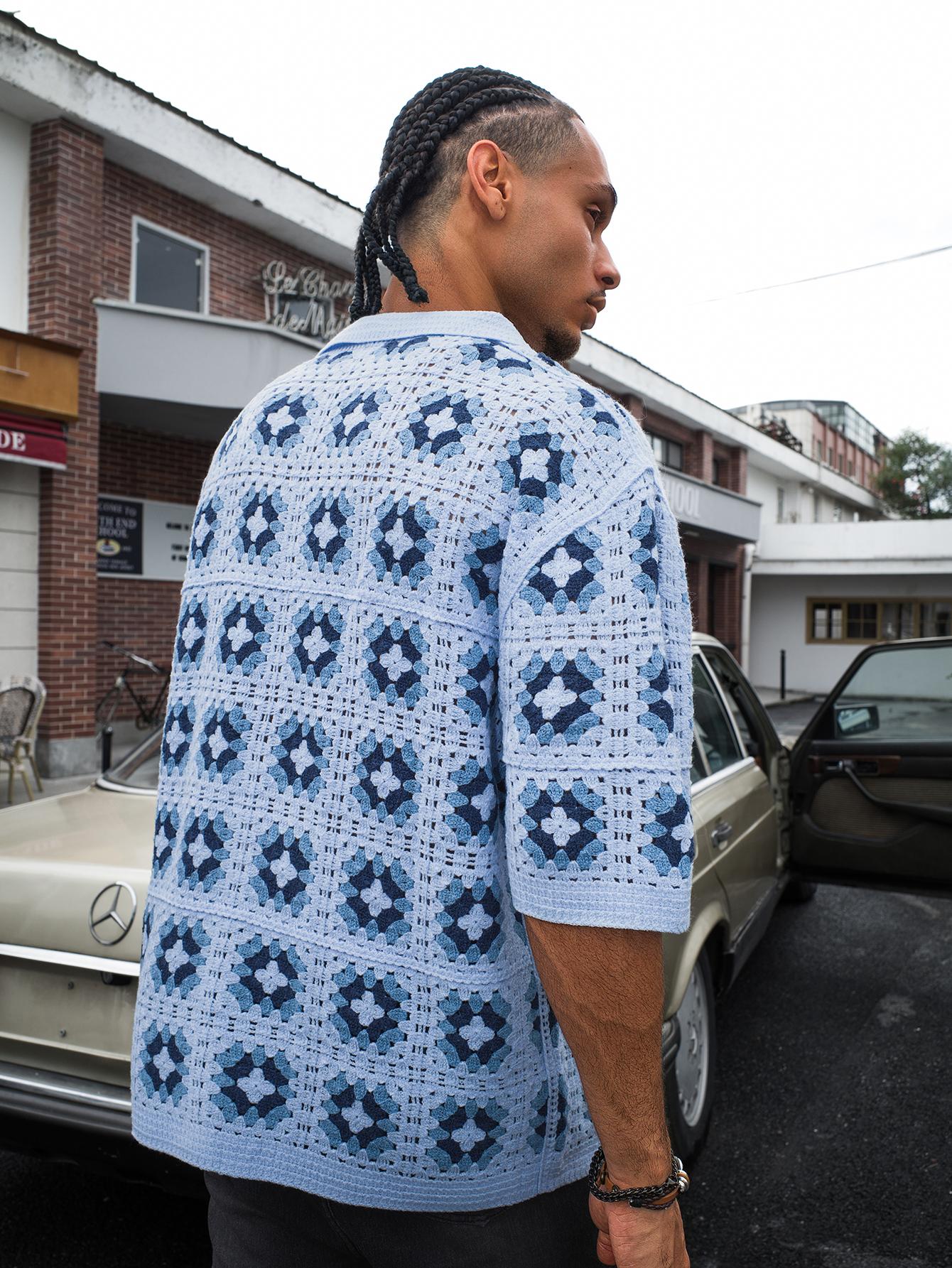 Men's Summer Cool Knitted Short-Sleeve Spring Shirt, Off-White Bohemian Style Vacation Casual Loose Lapel Button-Down Open Placket Print