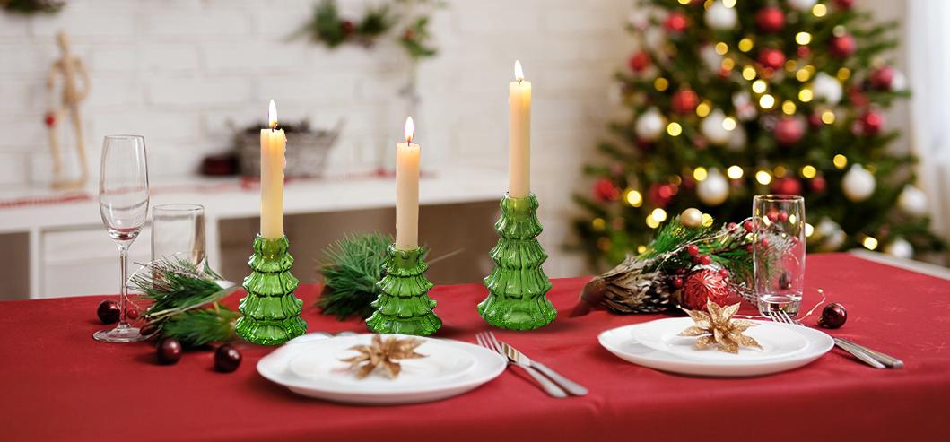 NUPTIO Christmas Tree Candle Holder: 3 Pcs Green Glass Candlestick Holders, Indoor Christmas Oraments, Taper Candle Holders for Table Centerpiece Dinner Gathering Party Home Decor