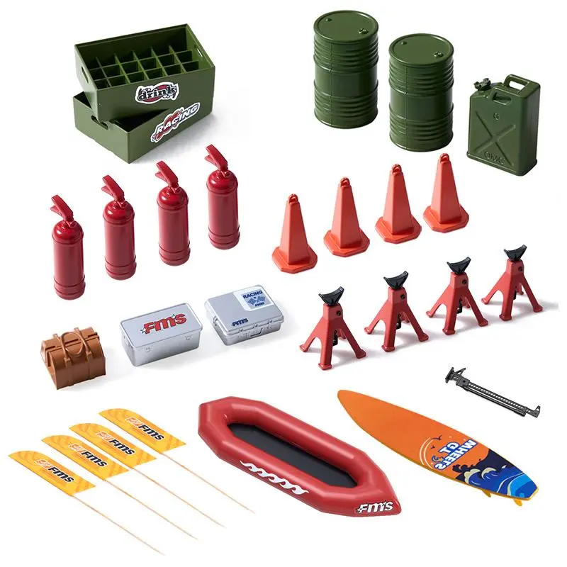 FMS RC Car Decoration Set, 1:18-1:24 Scale Accessories Kit with Surfboard, Fire Extinguisher, Traffic Cone, Escape Lifting Jack, Luggage Carrier, Oil Drum Set, Kayak for Electric Remote Control Toy Cars