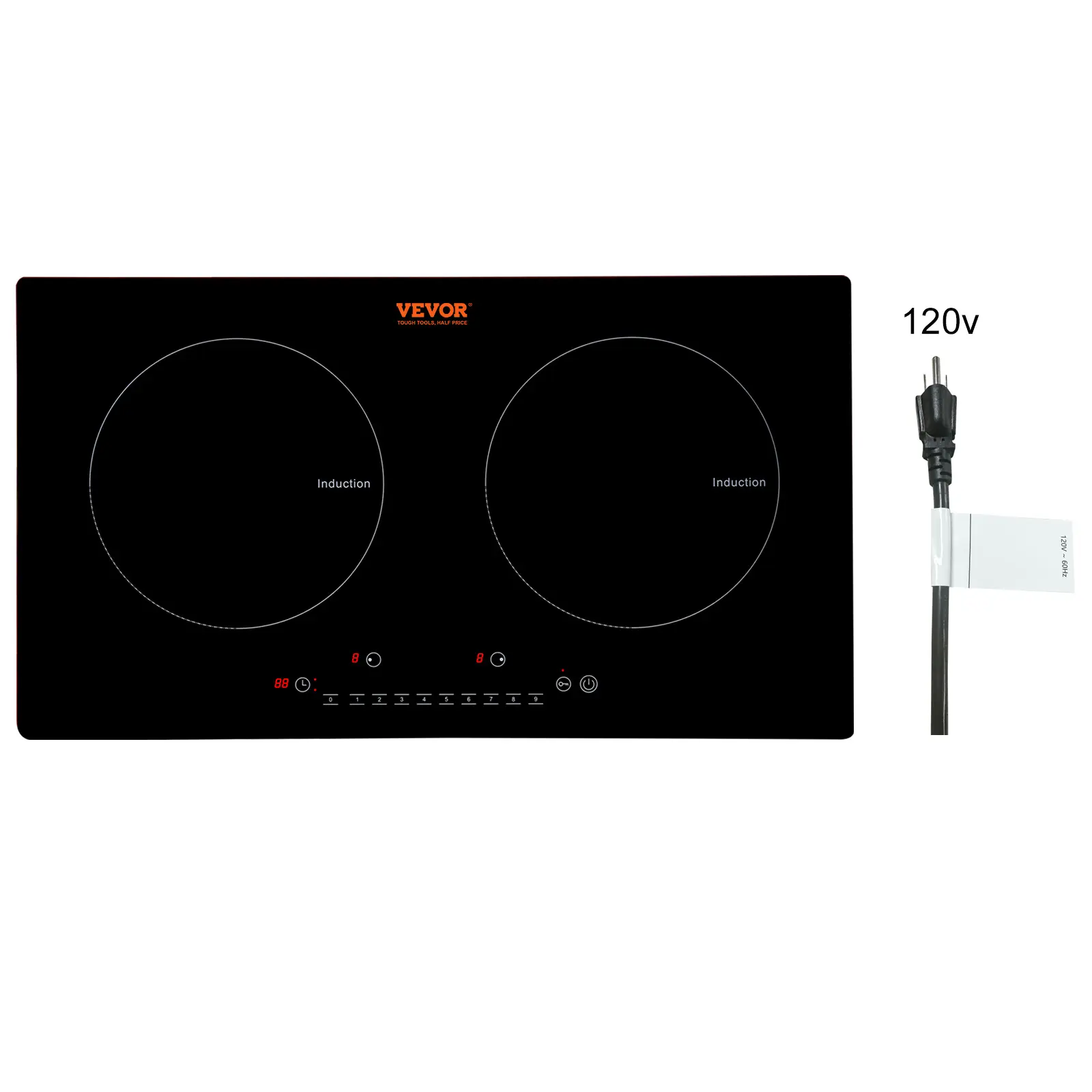VEVOR 24-in Recessed Induction Stovetop - 2-Burner Multifunction Kitchen Appliance, 1800W Magnetic Hob, 9 Heating Levels, LED Display, Timer, Child Lock, Over-Temperature Protection, Cast Iron Compatible, Stainless Steel (Father's Day Gift), Hob Stove