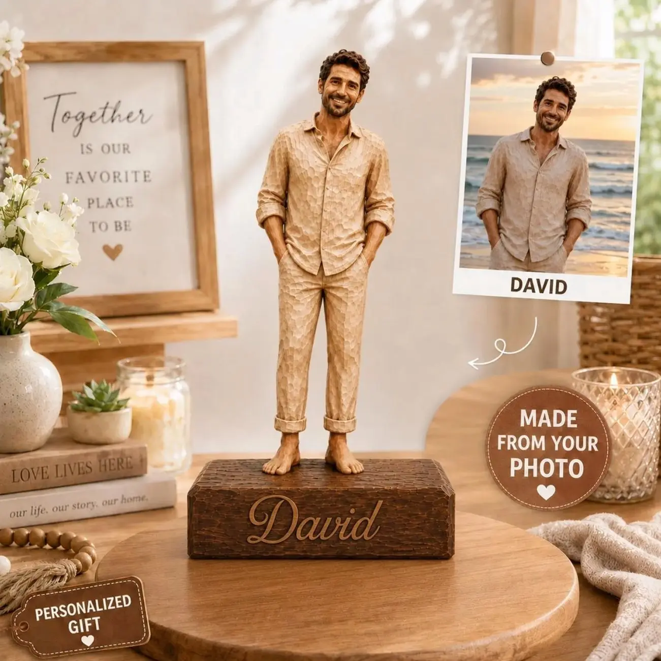 Personalized Custom Photo Figurine, Wooden Family Portrait Statue, Custom Couple Photo Gift, Anniversary Gift For Parents, Wedding Keepsake