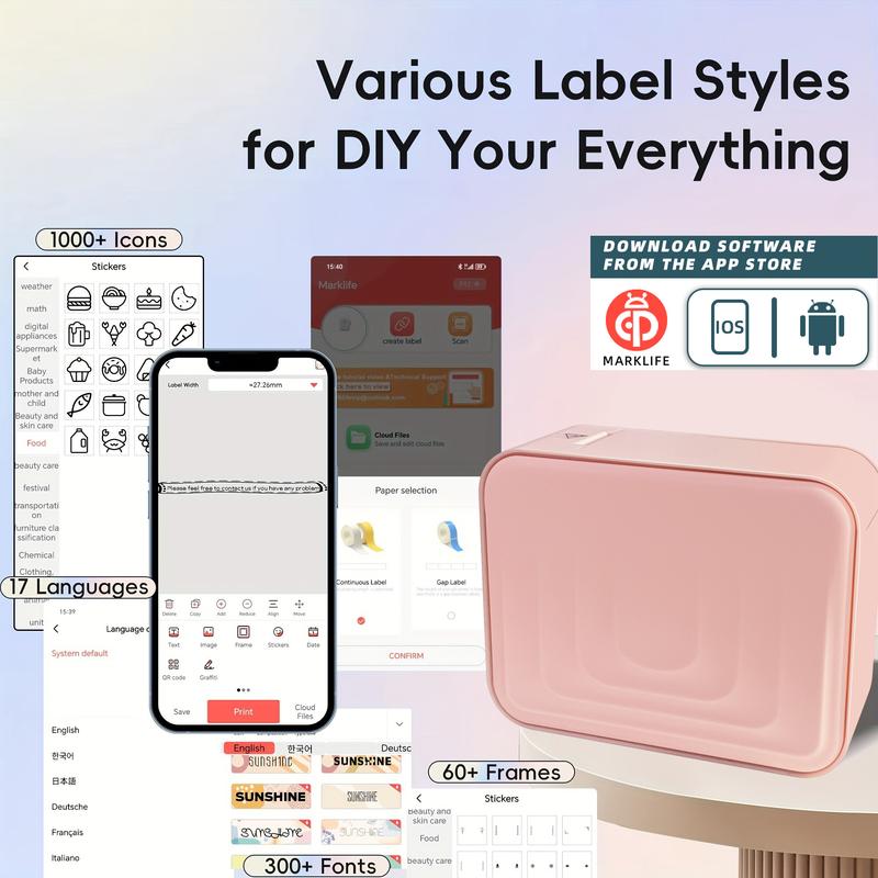 Marklife mini label maker , portable Bluetooth wireless printer, easy to use. Can print thank you labels, item labels, and spice jar labels, suitable for office, home, and students.