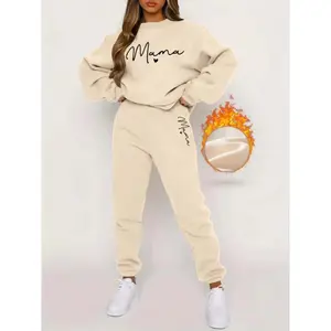 two-piece Mama Print Fleece Matching Set: Long Sleeve Sweatshirt & Jogger Pants for Women